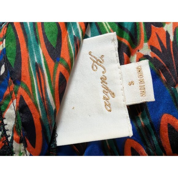 ARYN K Women’s 100% Silk Blouse Flutter Geometric Colorful Festival Aztec Sz S - Picture 8 of 11